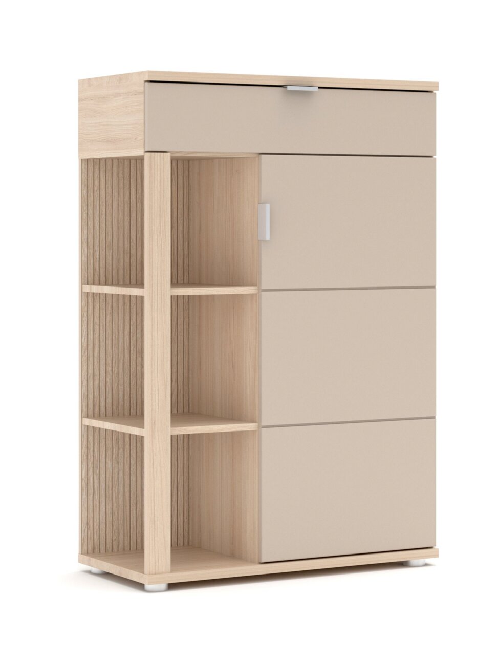 Moderner Schuhschrank aus Holz mit offenen Regalfächern und Schublade, seitliche Perspektive