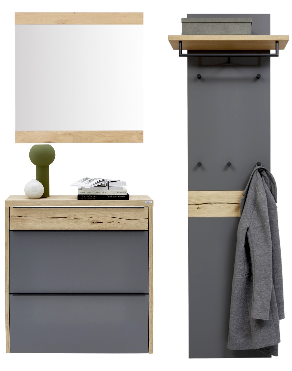 Moderne Garderoben-Kombination in Eiche und Anthrazit mit Spiegel, Schuhschrank und Wandpaneel mit Ablage und Haken, frontal dargestellt