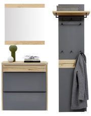 Moderne Garderoben-Kombination in Eiche und Anthrazit mit Spiegel, Schuhschrank und Wandpaneel mit Ablage und Haken, frontal dargestellt