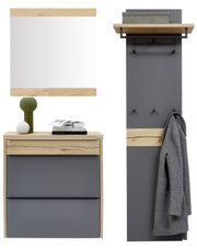 Moderne Garderoben-Kombination in Eiche und Anthrazit mit Spiegel, Schuhschrank und Wandpaneel mit Ablage und Haken, frontal dargestellt