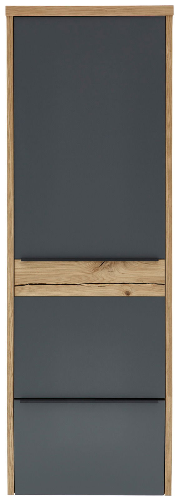 Frontansicht eines modernen Hängegarderobenschranks mit dunkler Front und Holzrahmen.