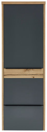 Frontansicht eines modernen Hängegarderobenschranks mit dunkler Front und Holzrahmen.