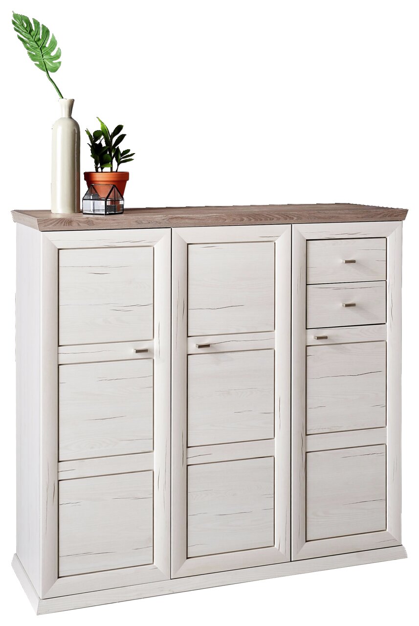 Schuhschrank aus hellem Holz mit drei Türen und zwei Schubladen, dekoriert mit Pflanzen auf der Oberseite, Frontalansicht