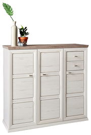 Schuhschrank aus hellem Holz mit drei Türen und zwei Schubladen, dekoriert mit Pflanzen auf der Oberseite, Frontalansicht