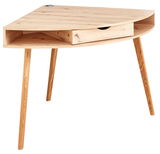 Eckschreibtisch aus Holz mit Schublade und drei Beinen, seitliche Perspektive
