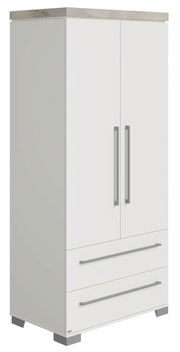 Moderner weißer Kleiderschrank mit zwei Türen und zwei Schubladen, Ansicht von vorne links