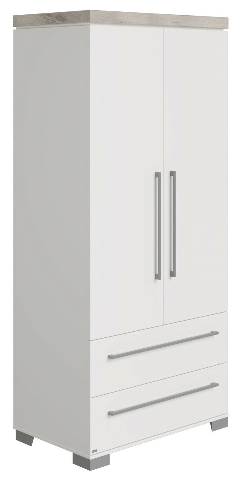 Moderner weißer Kleiderschrank mit zwei Türen und zwei Schubladen, Ansicht von vorne links