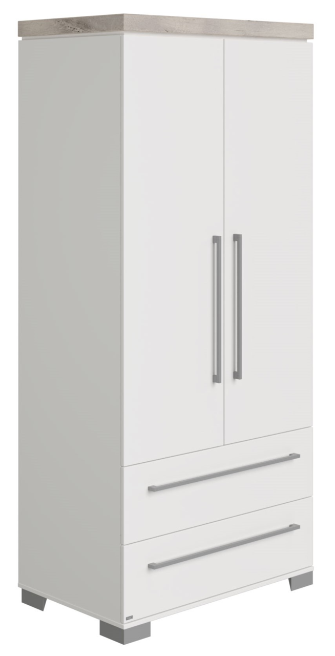 Paidi Kleiderschrank KIRA Moderner weißer Kleiderschrank mit zwei Türen und zwei Schubladen, Ansicht von vorne links