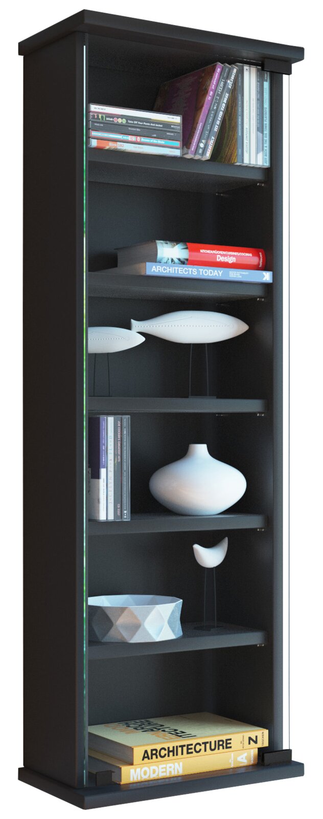 Schmales schwarzes Regal mit mehreren Ablageböden und seitlichem Glas-/Acrylpaneel, bestückt mit Büchern und Dekoobjekten, in leicht schräger Frontansicht von vorne