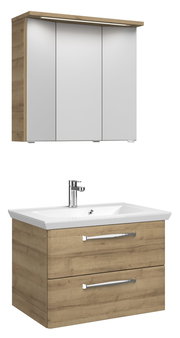 Badezimmermöbel-Set mit Holzoptik, bestehend aus einem Spiegelschrank und einem Waschtisch mit zwei Schubladen, Frontalansicht.