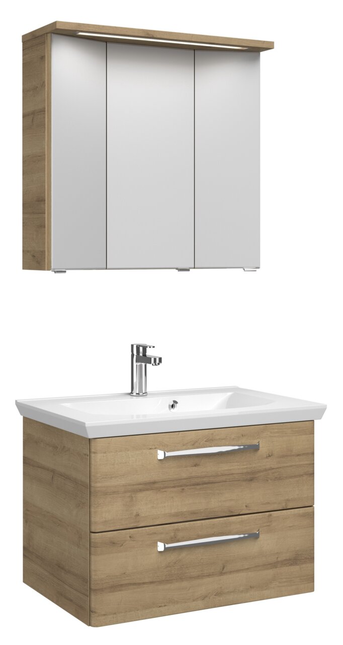 Badezimmermöbel-Set mit Holzoptik, bestehend aus einem Spiegelschrank und einem Waschtisch mit zwei Schubladen, Frontalansicht.