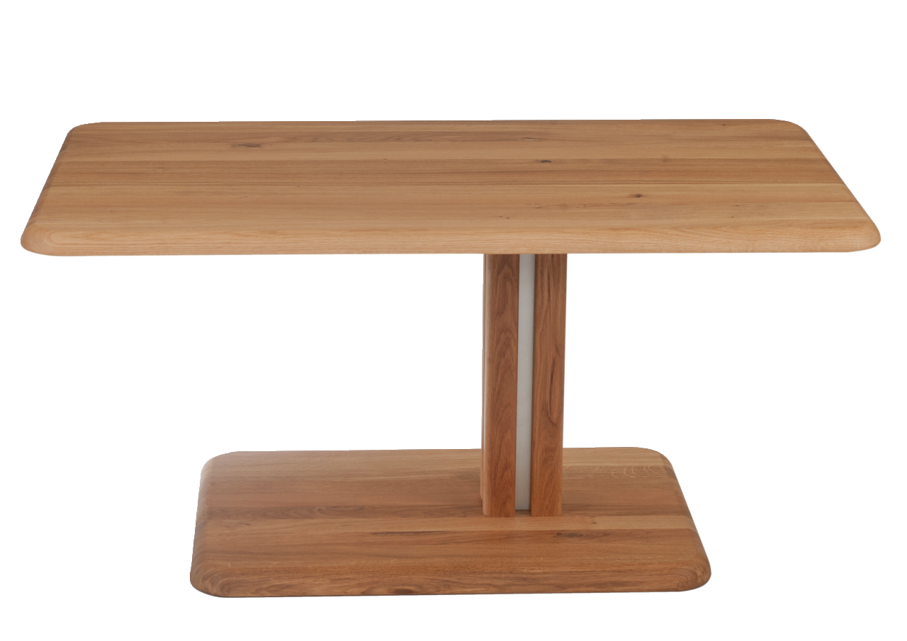 Moderner Couchtisch aus Holz mit rechteckiger Tischplatte und zentralem Standfuß, Frontalansicht.