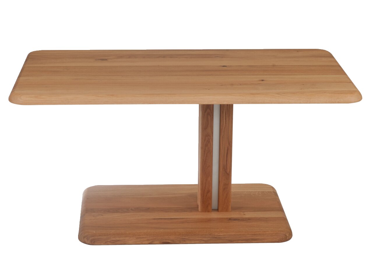 Moderner Couchtisch aus Holz mit rechteckiger Tischplatte und zentralem Standfuß, Frontalansicht.