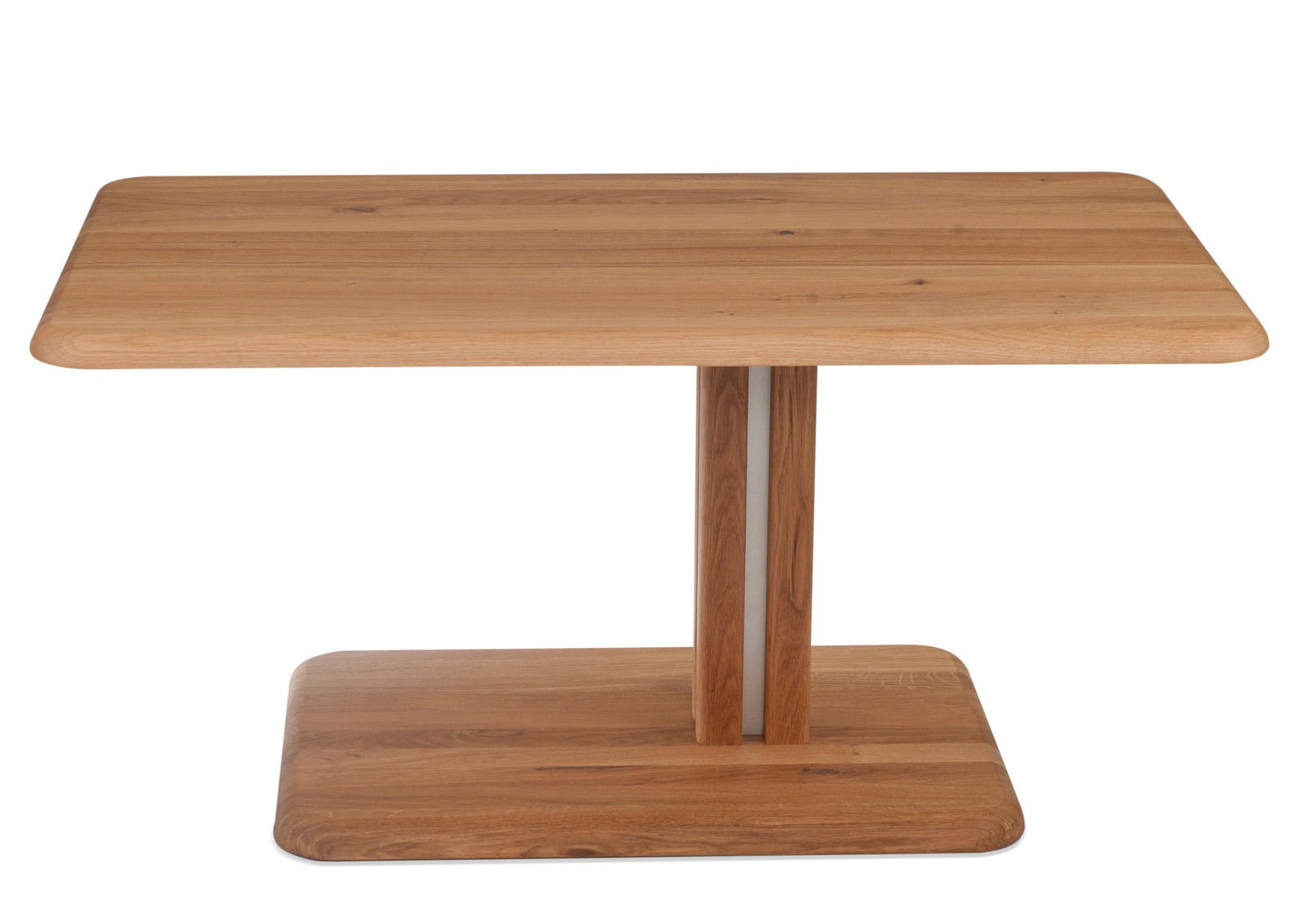 Moderner Couchtisch aus Holz mit rechteckiger Tischplatte und zentralem Standfuß, Frontalansicht.