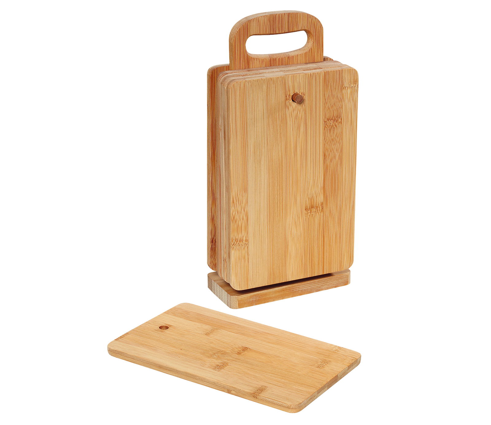 Sechs Frühstücksbrettchen aus Holz mit praktischem Ständer, frontal und seitlich abgebildet.