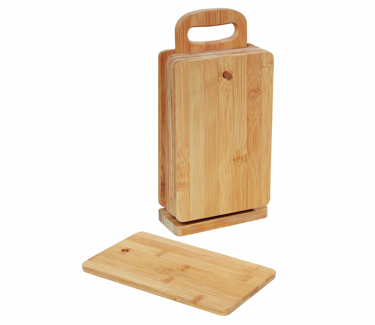 Sechs Frühstücksbrettchen aus Holz mit praktischem Ständer, frontal und seitlich abgebildet.