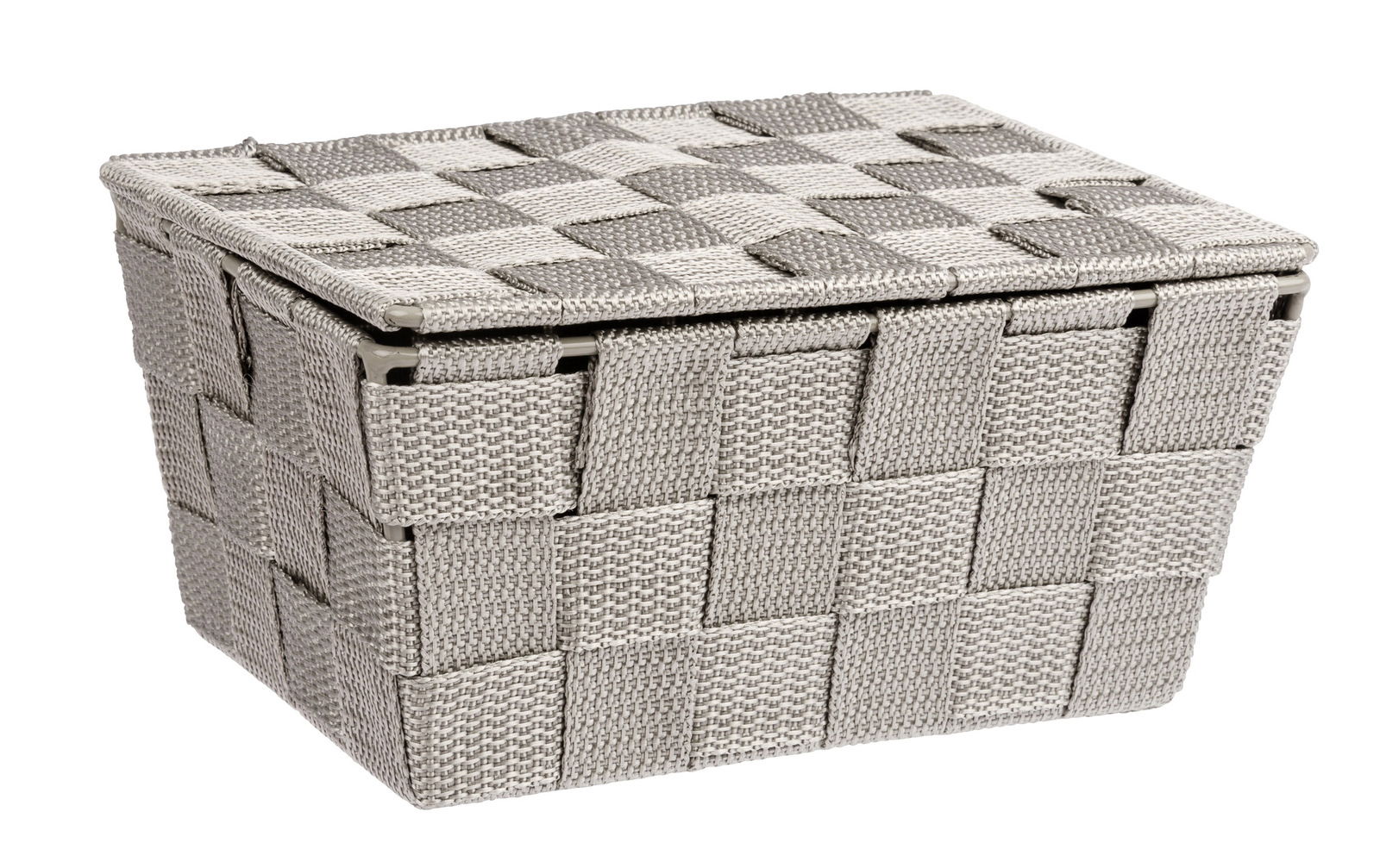 Geflochtener Badkorb Adria mit Deckel in grauer Farbe, seitliche Perspektive