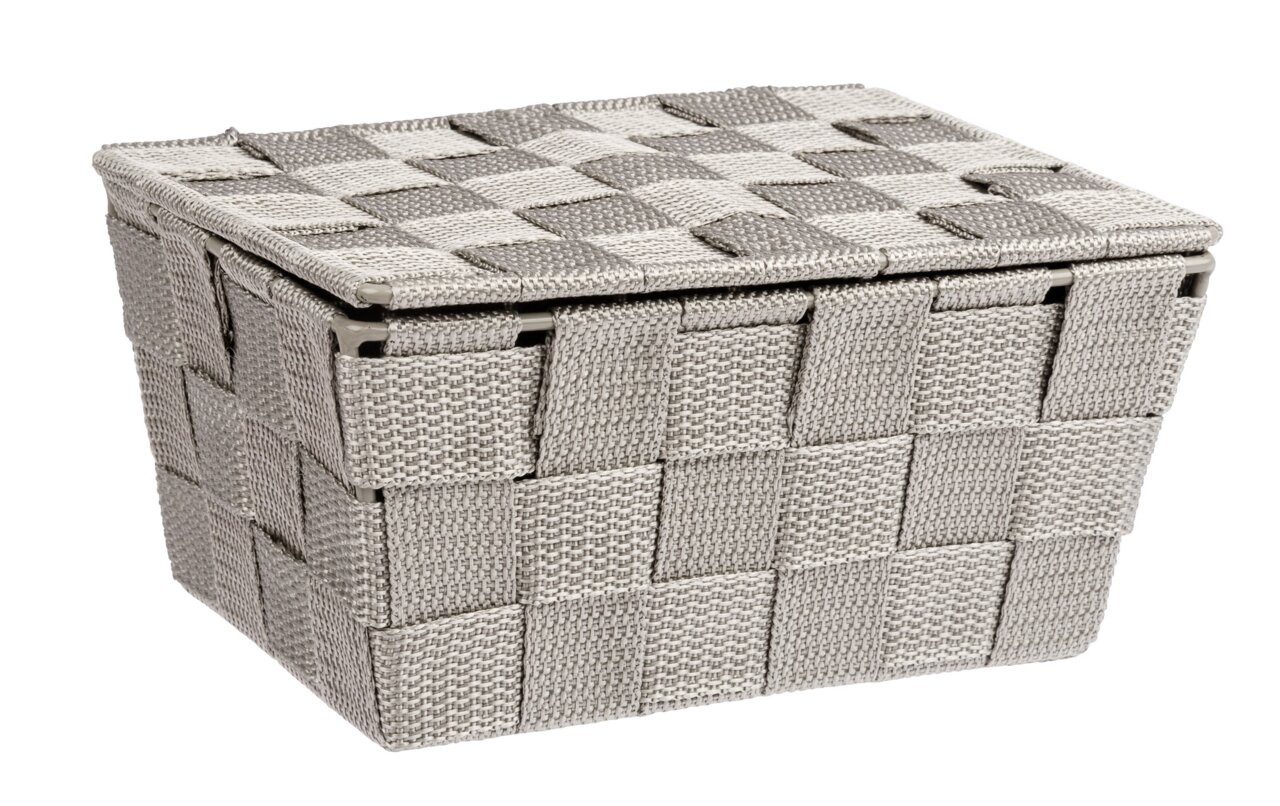 Geflochtener Badkorb Adria mit Deckel in grauer Farbe, seitliche Perspektive