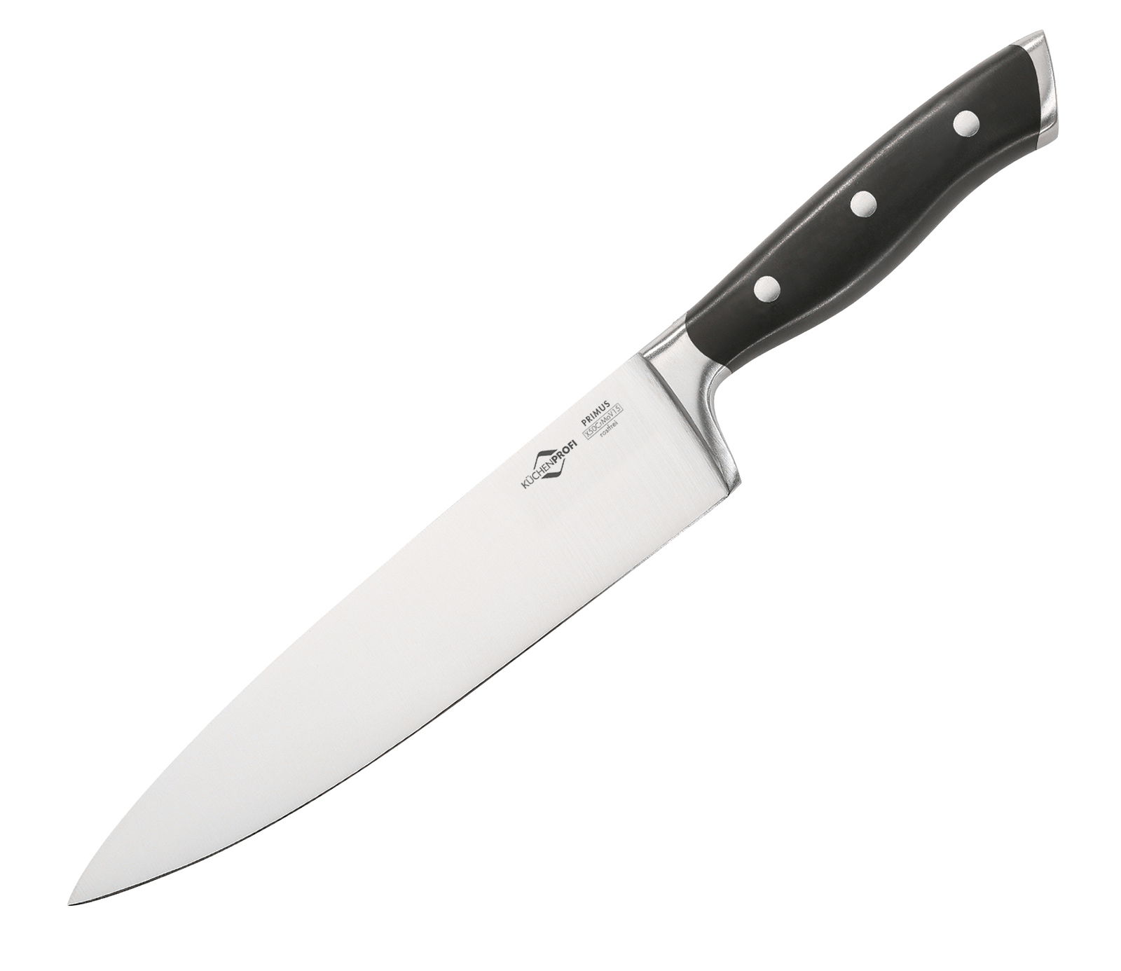 Kochmesser PRIMUS, 20 cm, seitliche Ansicht mit schwarzem Griff und silberner Klinge