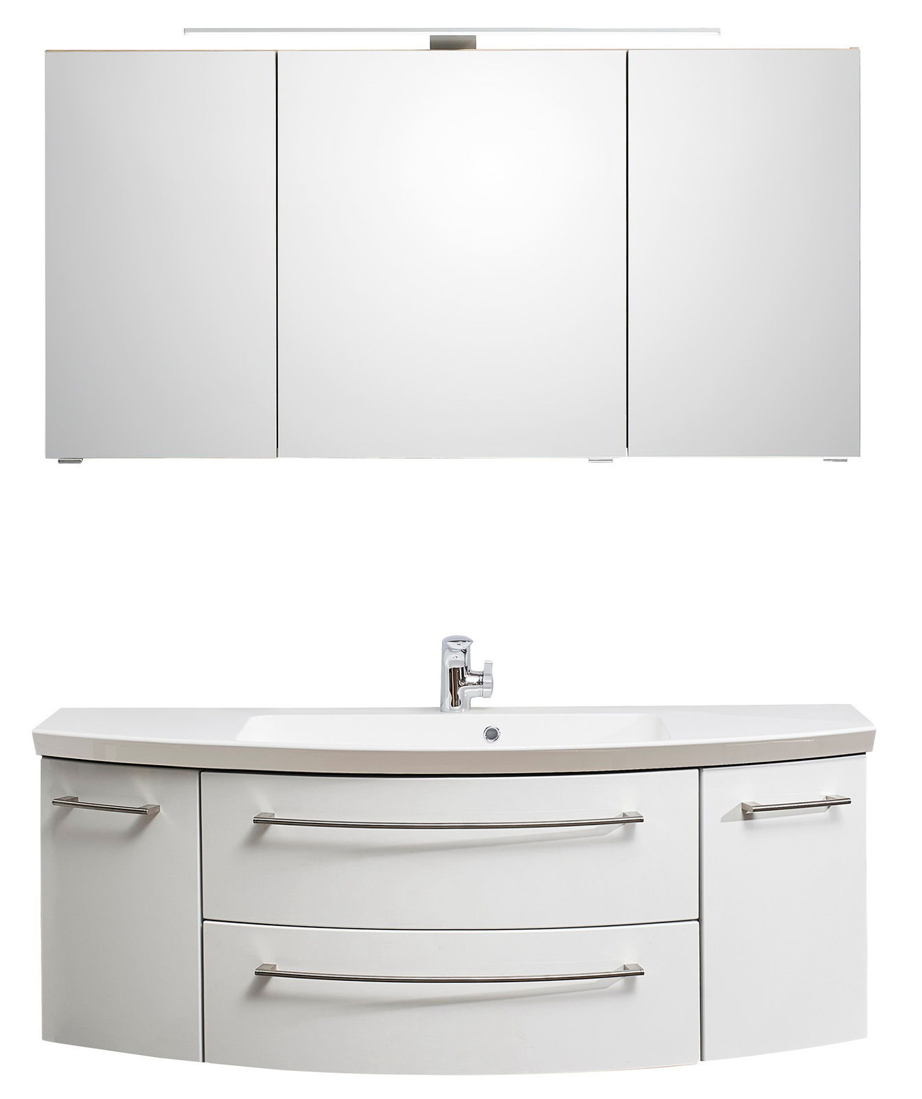 Moderne Badkombination bestehend aus einem dreiteiligen Spiegelschrank und einem Waschtisch mit zwei Schubladen und einem Schrank, Frontansicht.