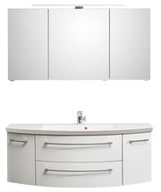 Moderne Badkombination bestehend aus einem dreiteiligen Spiegelschrank und einem Waschtisch mit zwei Schubladen und einem Schrank, Frontansicht.