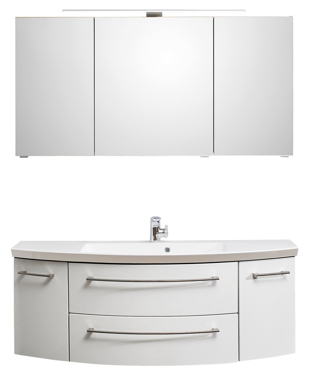 Moderne Badkombination bestehend aus einem dreiteiligen Spiegelschrank und einem Waschtisch mit zwei Schubladen und einem Schrank, Frontansicht.