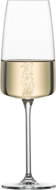 Schaumweinglas mit leichtem, frischem Schaumwein, seitliche Perspektive