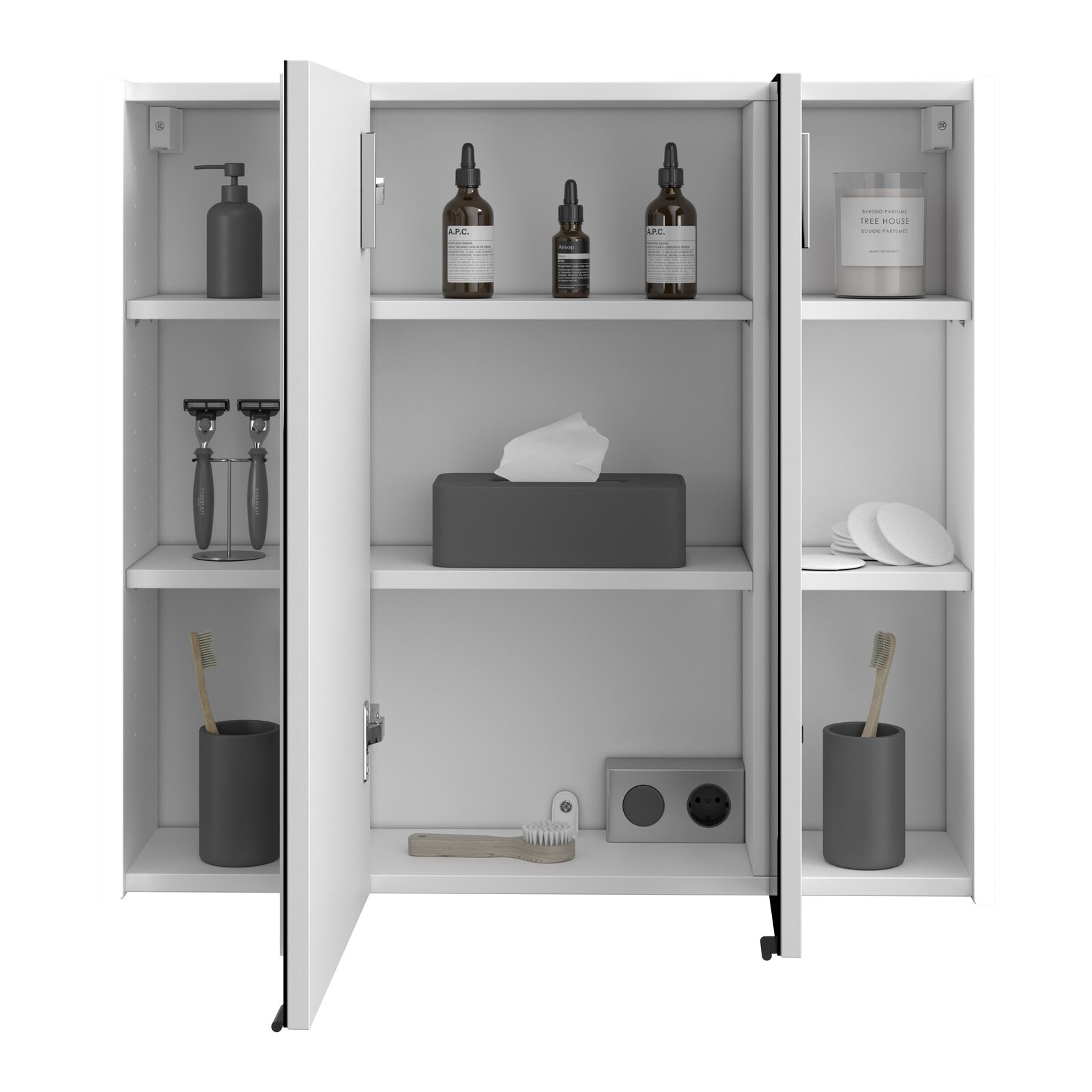 XORA Spiegelschrank ITALLO Geöffneter Spiegelschrank mit drei Türen, gefüllt mit Pflegeprodukten, Zahnbürsten und Steckdose, frontal betrachtet.