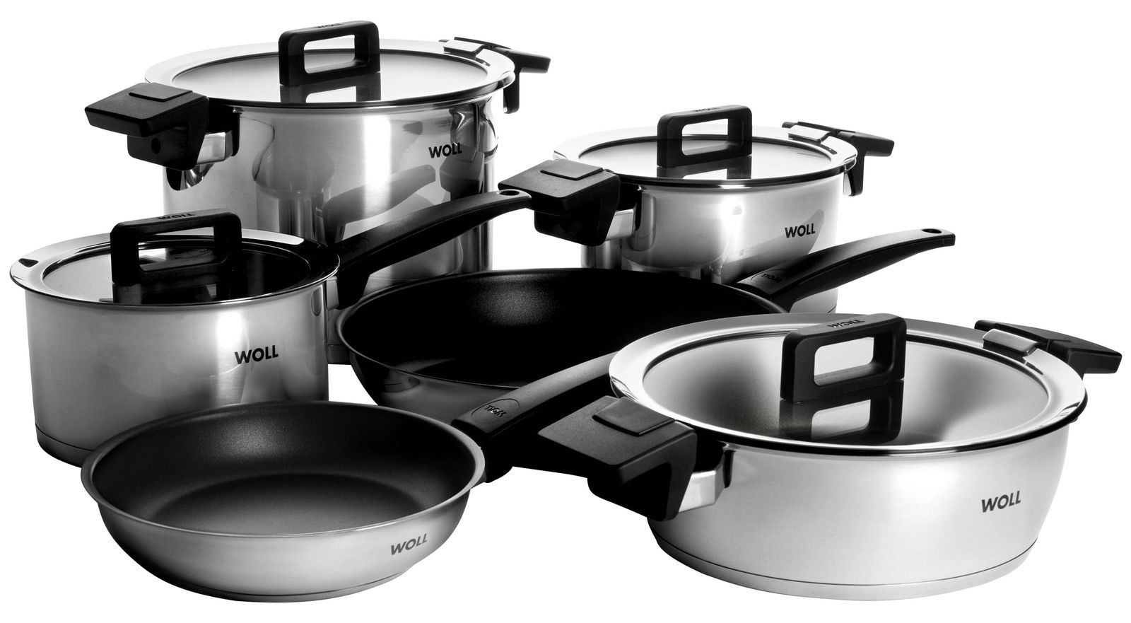 Woll Topfset 10-tlg. CONCEPT Topfset 10-teilig aus Edelstahl mit Glasdeckeln und schwarzen Griffen, seitliche Perspektive