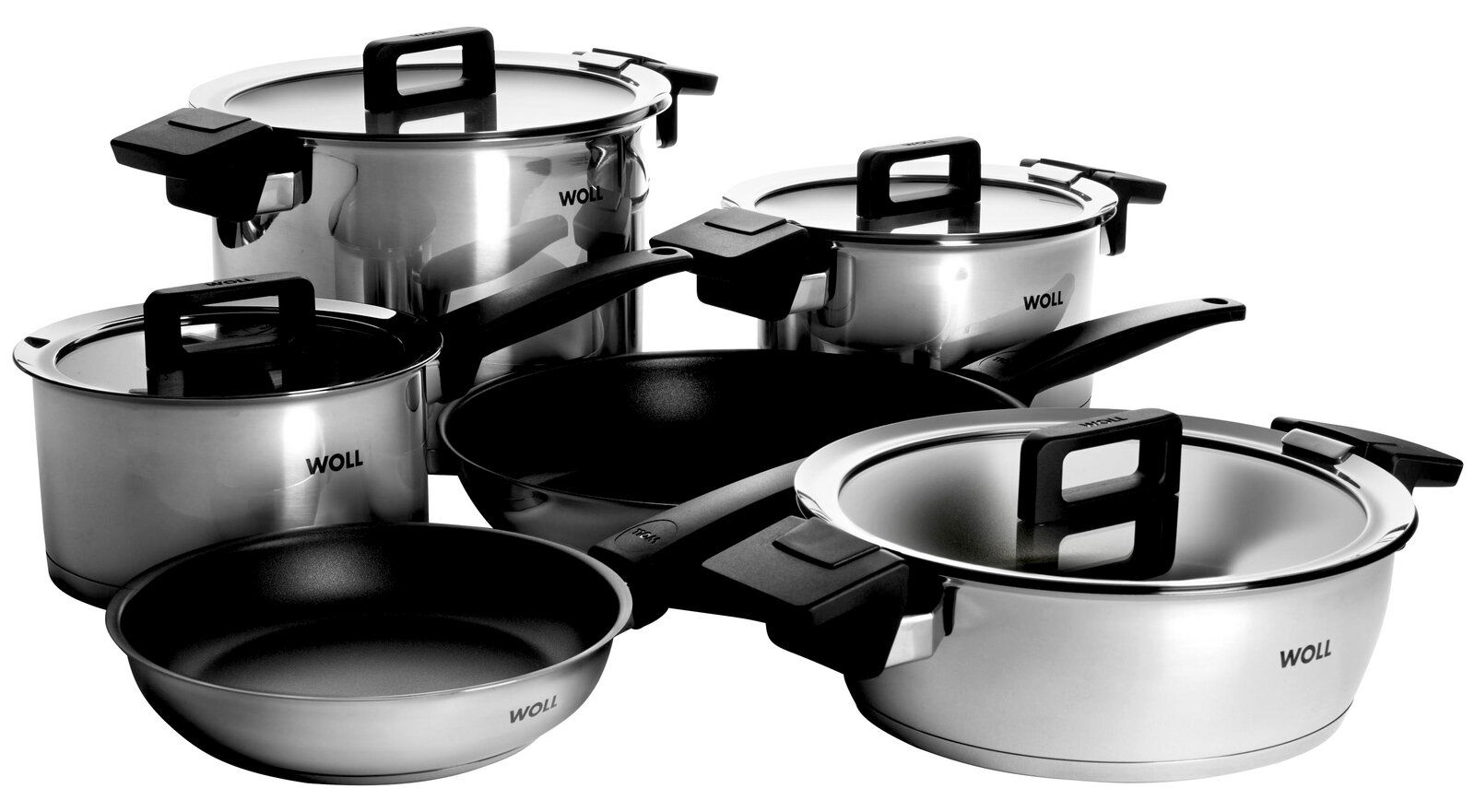 Woll Topfset 10-tlg. CONCEPT Topfset 10-teilig aus Edelstahl mit Glasdeckeln und schwarzen Griffen, seitliche Perspektive