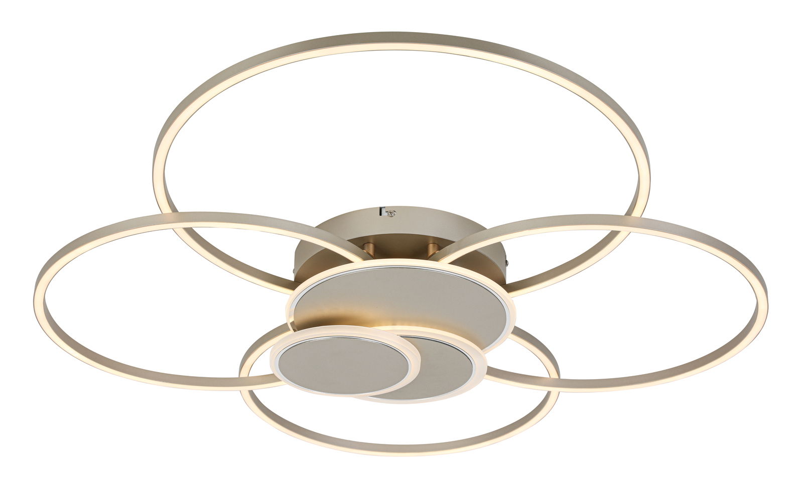 Moderne LED-Deckenleuchte mit mehreren kreisförmigen Elementen, seitliche Perspektive