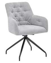 Grauer Armlehnstuhl mit gepolsterter Rückenlehne und schwarzem Metallgestell, seitliche Perspektive