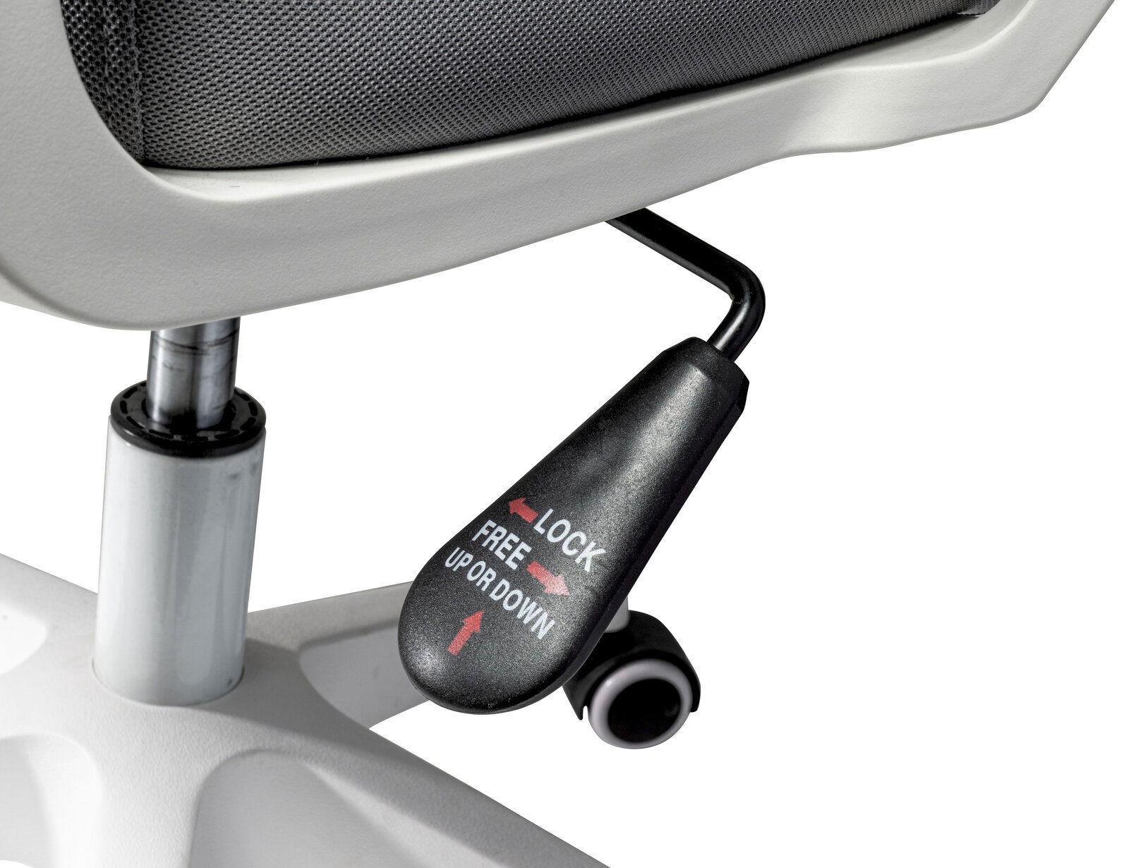 Nahaufnahme eines Drehstuhls mit Fokus auf die Höhenverstellung und Arretierung, seitliche Perspektive.