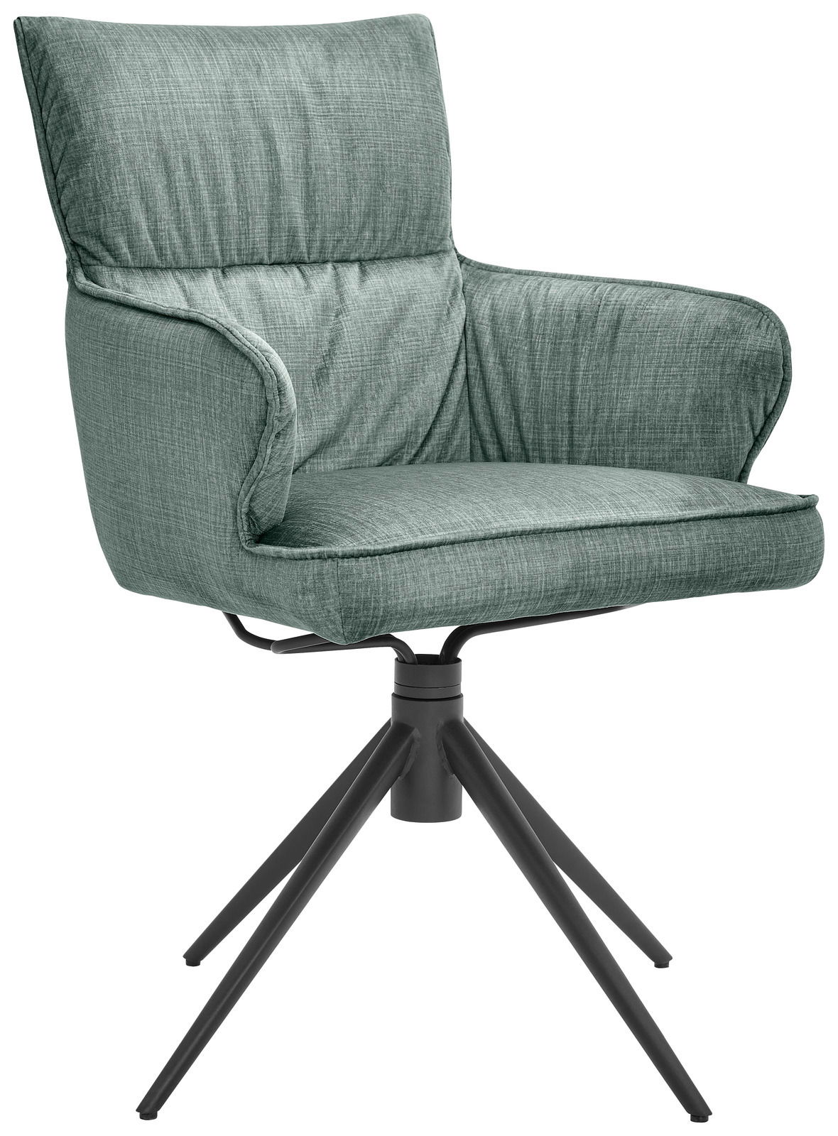 Grüner Armlehnstuhl mit gepolstertem Sitz und Rückenlehne, auf schwarzem Metallgestell mit vier Beinen, seitliche Perspektive