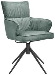 Grüner Armlehnstuhl mit gepolstertem Sitz und Rückenlehne, auf schwarzem Metallgestell mit vier Beinen, seitliche Perspektive