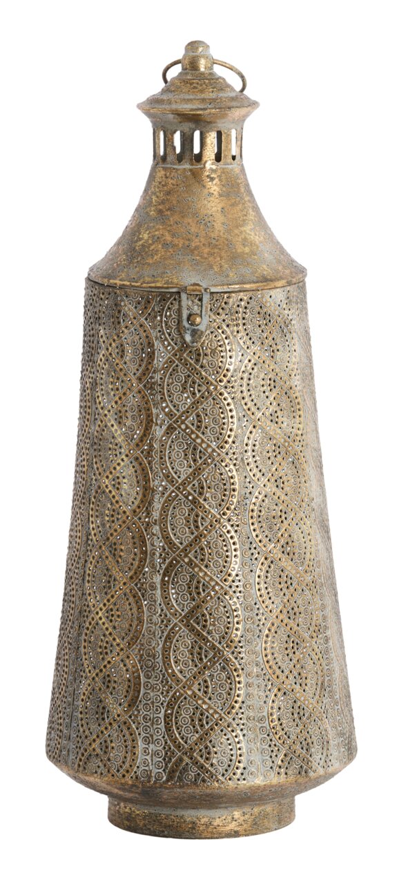 Antikes Windlicht aus Metall mit filigranem Muster, seitliche Perspektive