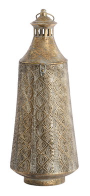 Antikes Windlicht aus Metall mit filigranem Muster, seitliche Perspektive