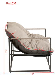 Seitenansicht eines 2-sitzigen Lounge-Sofas mit Metallrahmen und gepolsterten Kissen, Maßeinheiten in Zentimetern.