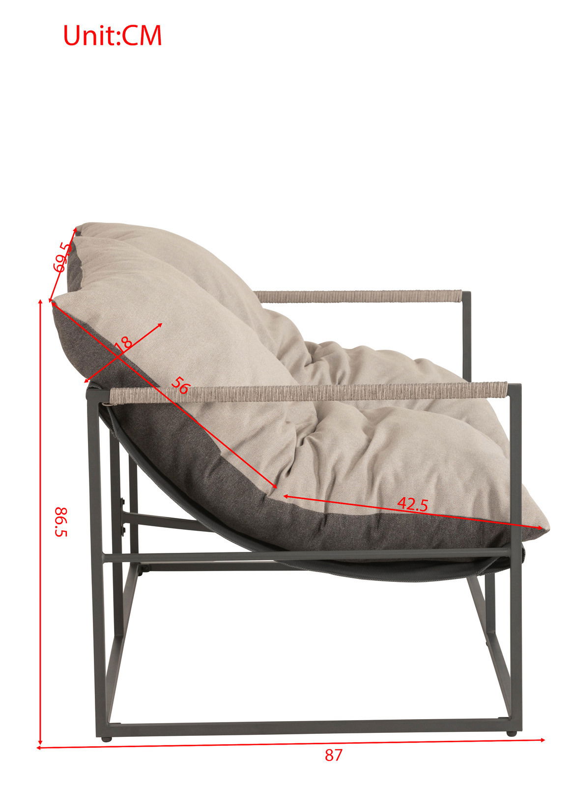 Seitenansicht eines 2-sitzigen Lounge-Sofas mit Metallrahmen und gepolsterten Kissen, Maßeinheiten in Zentimetern.