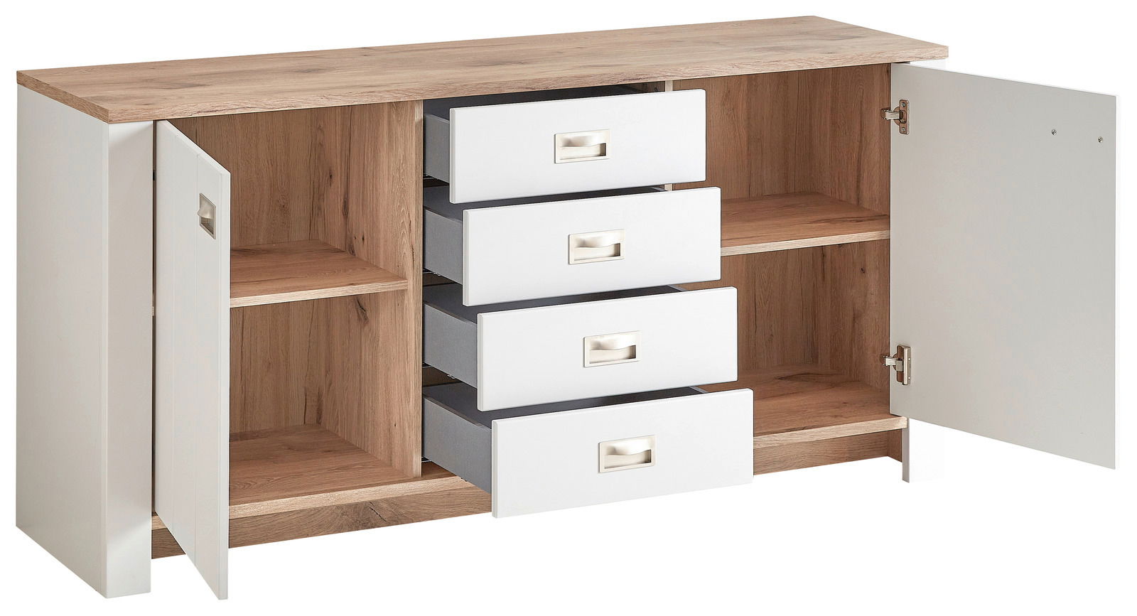 Sideboard mit Holzoptik und weißen Schubladen, offene Türen und Schubladen, seitliche Perspektive
