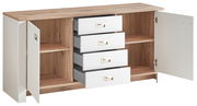 Sideboard mit Holzoptik und weißen Schubladen, offene Türen und Schubladen, seitliche Perspektive