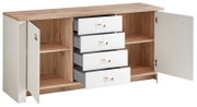 Sideboard mit Holzoptik und weißen Schubladen, offene Türen und Schubladen, seitliche Perspektive