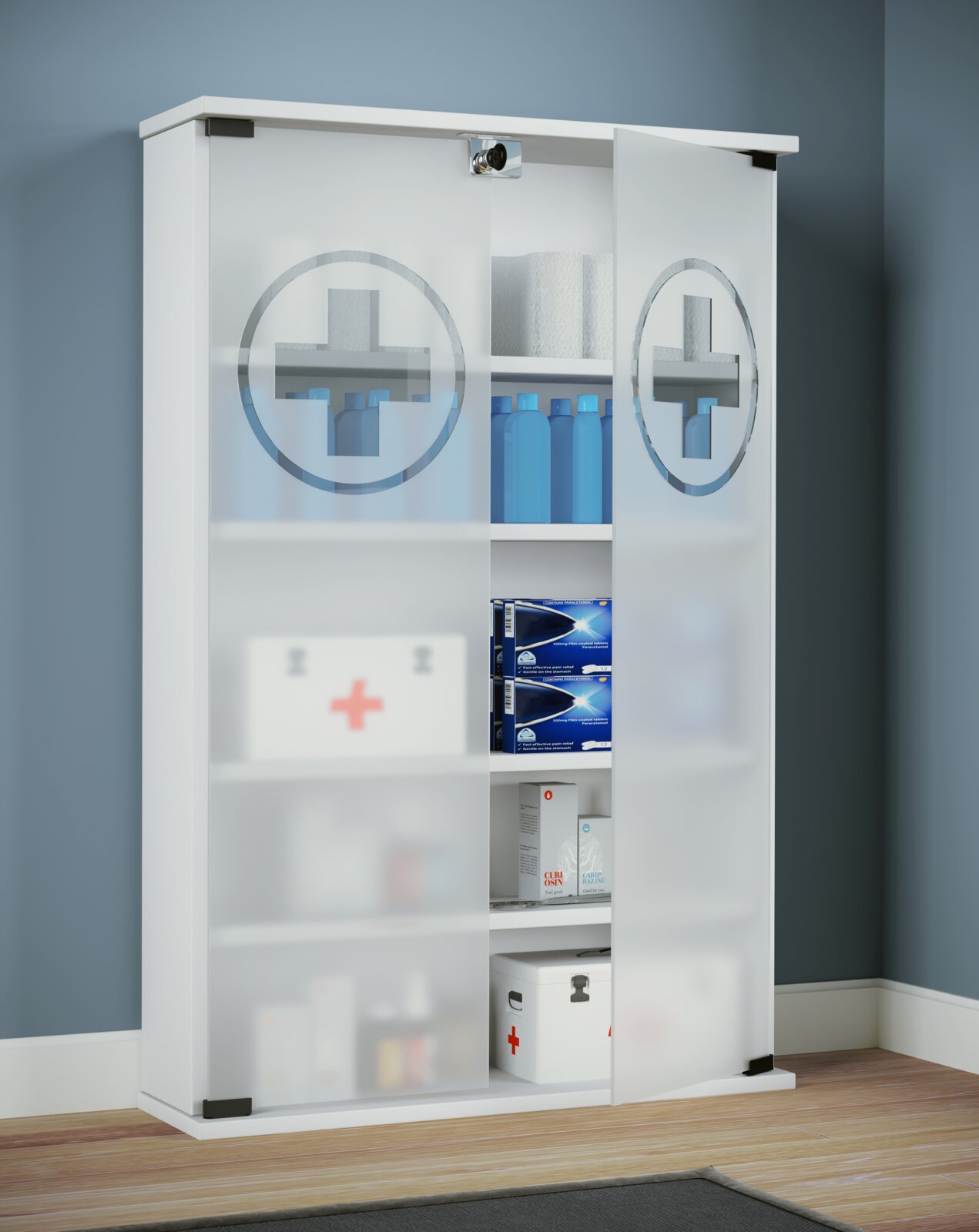 Weißer Medizinschrank/Apothekenschrank mit zwei satinierten Glastüren und Kreuz-Symbolen, eine Tür geöffnet mit sichtbaren Regalböden und Medizinartikeln Perspektive: frontale Ansicht leicht von links.