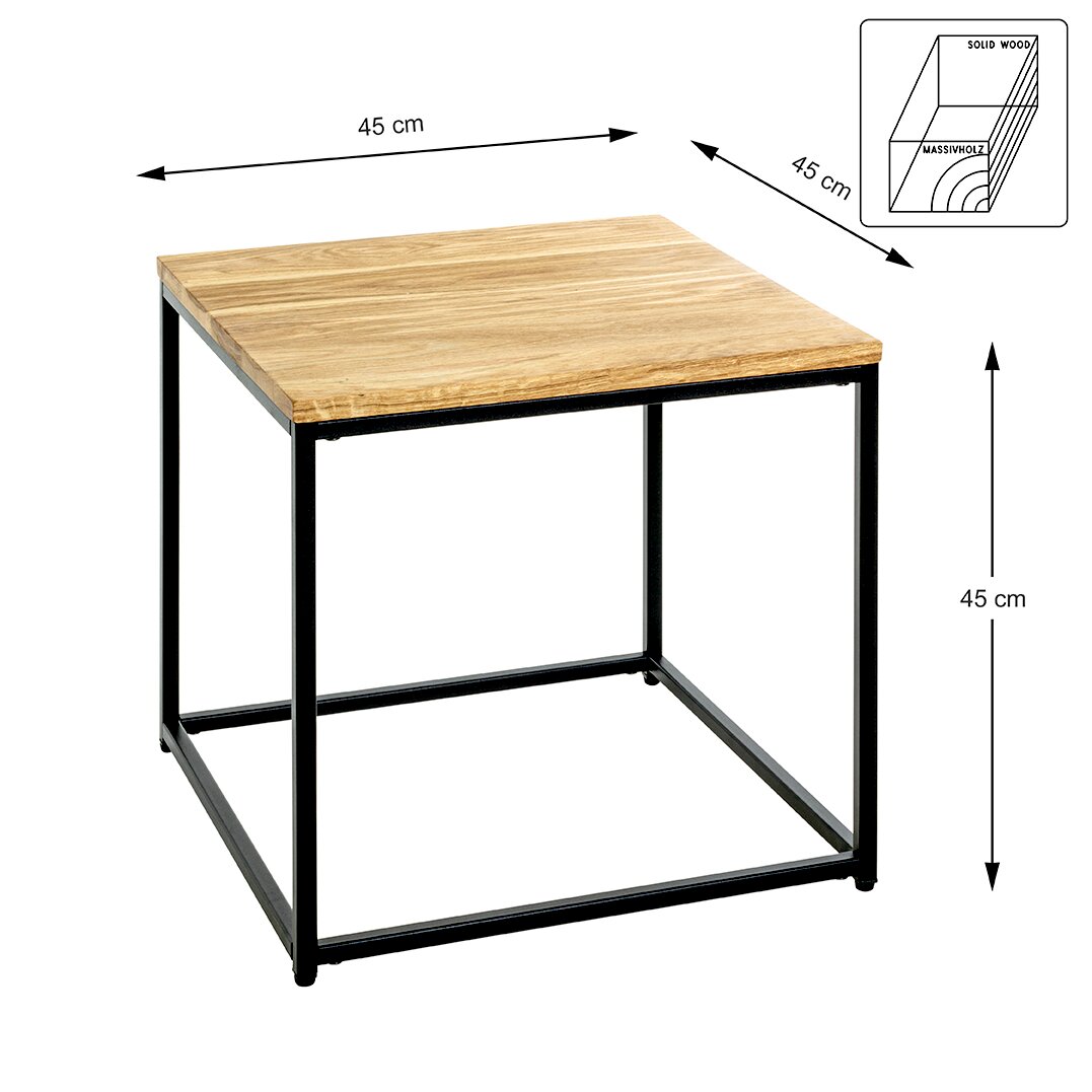 Quadratischer Beistelltisch 45 x 45 x 45 cm mit Massivholz-Tischplatte in Naturholzoptik und schwarzem Metallgestell, dargestellt in schräger Frontansicht von oben auf weißem Hintergrund
