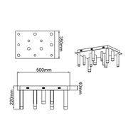 Technische Zeichnung einer rechteckigen LED-Deckenleuchte mit 12 zylindrischen Leuchtkörpern, Abmessungen 500mm x 350mm x 220mm, seitliche und perspektivische Ansicht.
