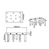 Technische Zeichnung einer rechteckigen LED-Deckenleuchte mit 12 zylindrischen Leuchtkörpern, Abmessungen 500mm x 350mm x 220mm, seitliche und perspektivische Ansicht.