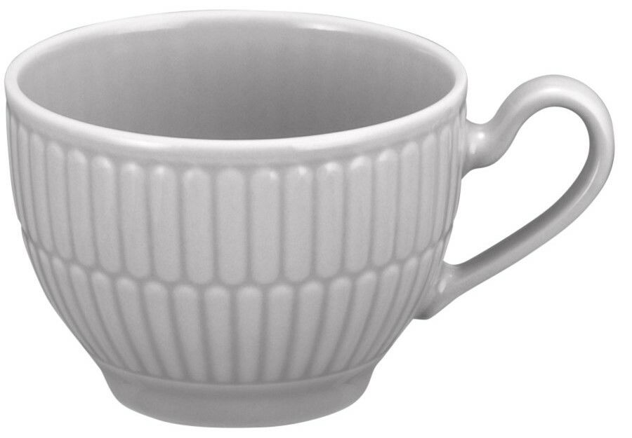 Graue Espressoobertasse mit geriffeltem Design, seitliche Perspektive