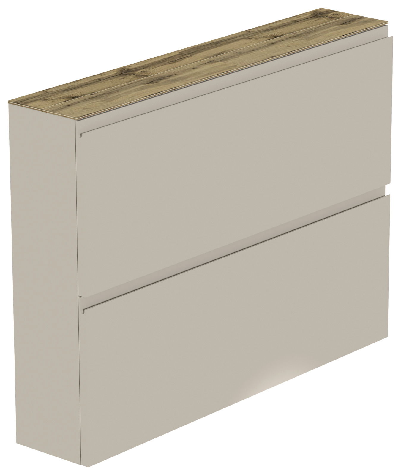 Hängeschuhschrank 2K-T22 in seitlicher Perspektive mit zwei Klappen und einer Holzoberfläche