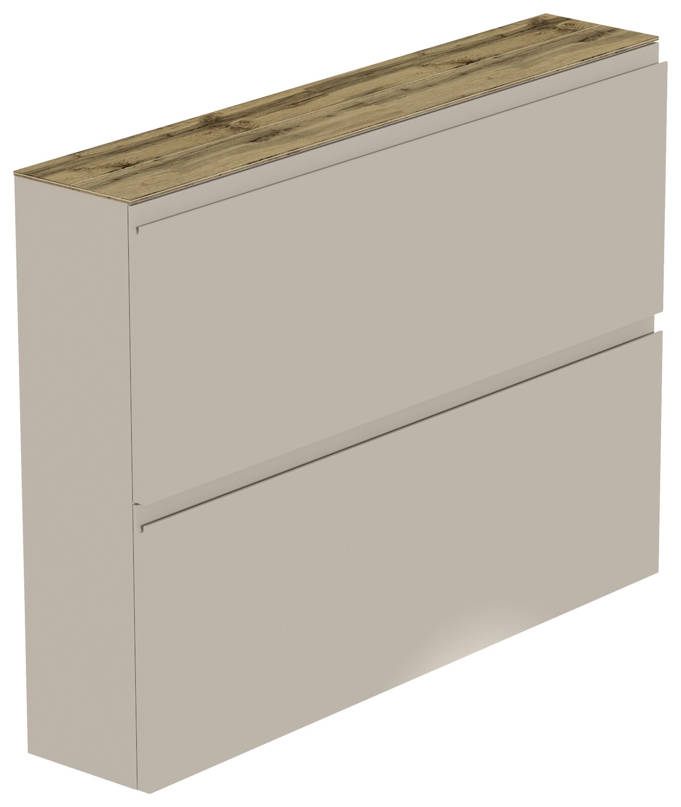 Hängeschuhschrank 2K-T22 in seitlicher Perspektive mit zwei Klappen und einer Holzoberfläche