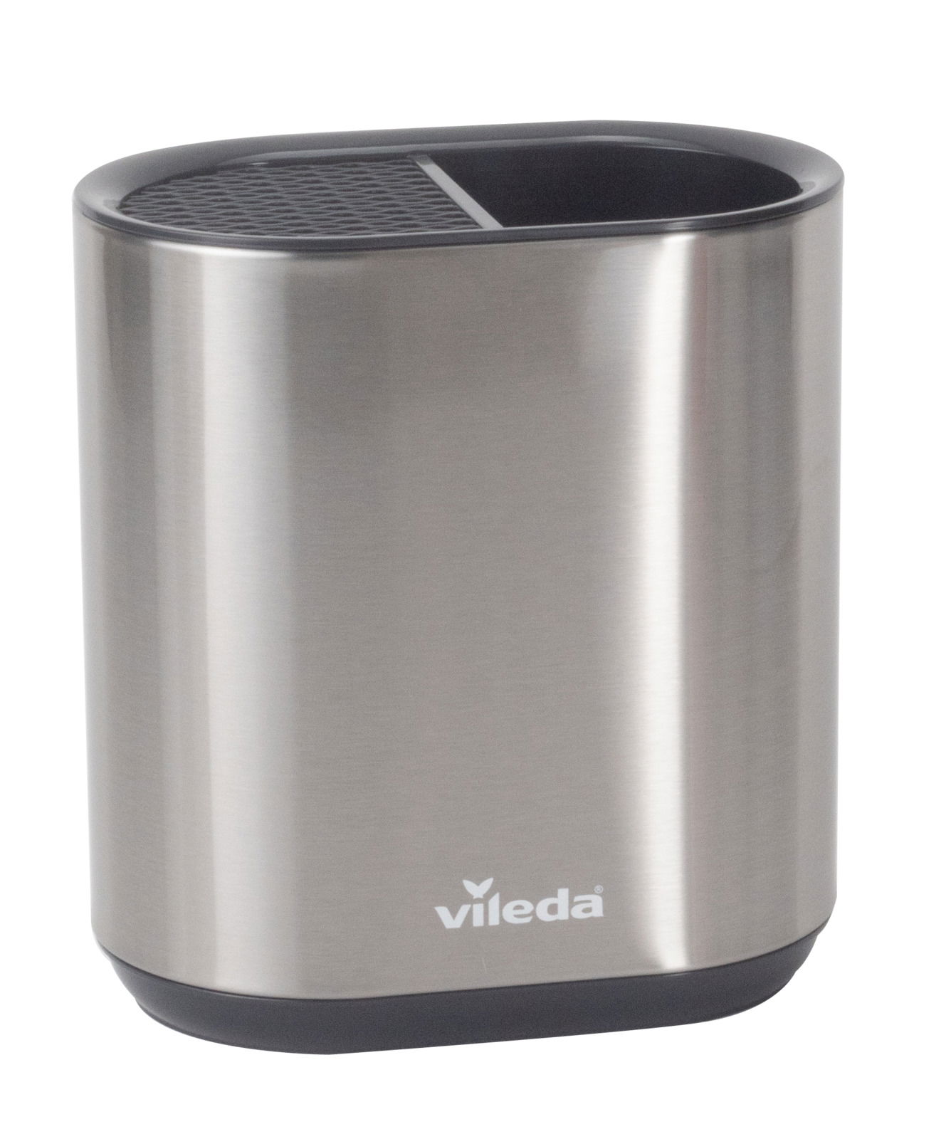 Küchenorganizer aus Edelstahl mit zwei Fächern, seitliche Perspektive